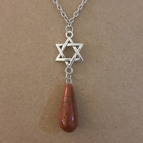 Red Jasper Teadrop Stone Silver Star of David Necklace Handmade 18-inch Jewelry - Picture 1 of 3